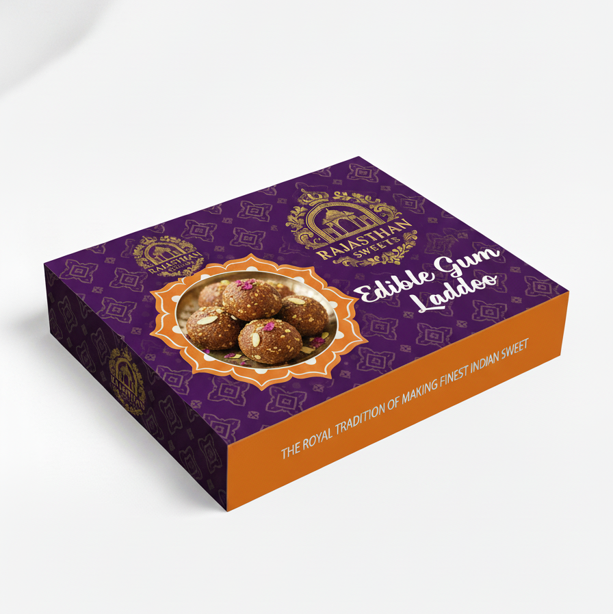 Purple and orange box of Edible Gum Laddoo with decorative design on a white background