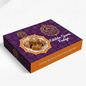 Box of Edible Gum Fudge with purple and orange design on a white background